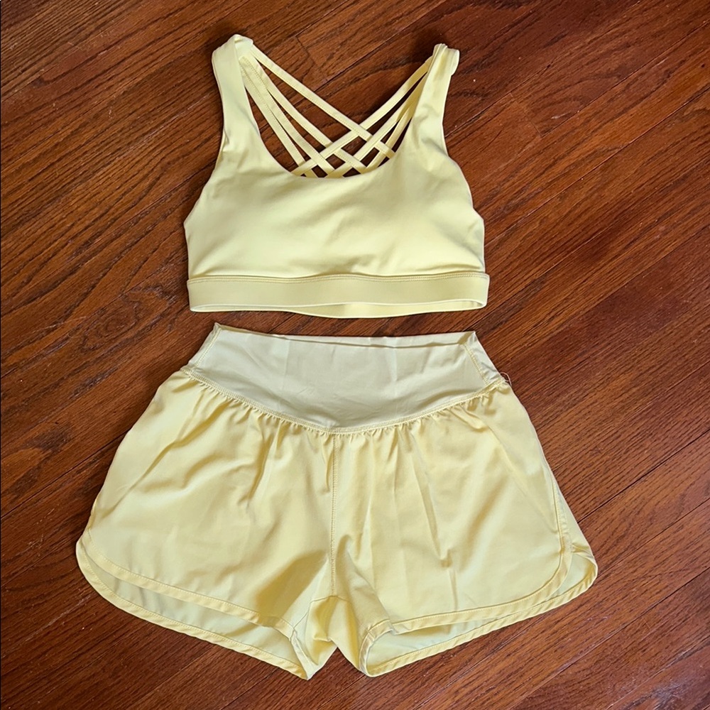 Gianni Bini Pale Yellow Crisscross Back Sports Bra and High-Waist Shorts Set